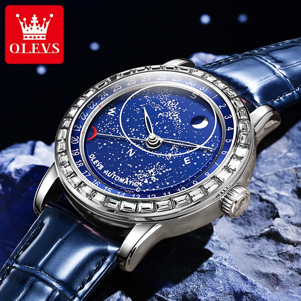 OLEVS 9923 Fashion Luxury Original Men Automatic Mechanical Watch Waterproof Leather Starry Sky Classic Brand Men Formal Watch