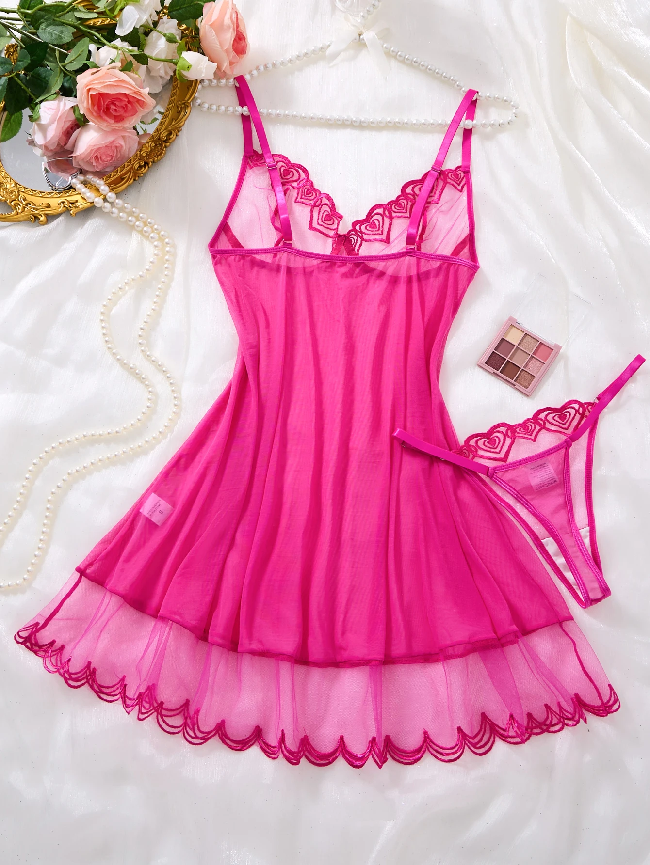 Ladies Hot Pink Sheer Mesh Babydoll Nightgown Floral Lace Embroidery Chemise Lingerie Set With Matching Panty ZA825181 image 3