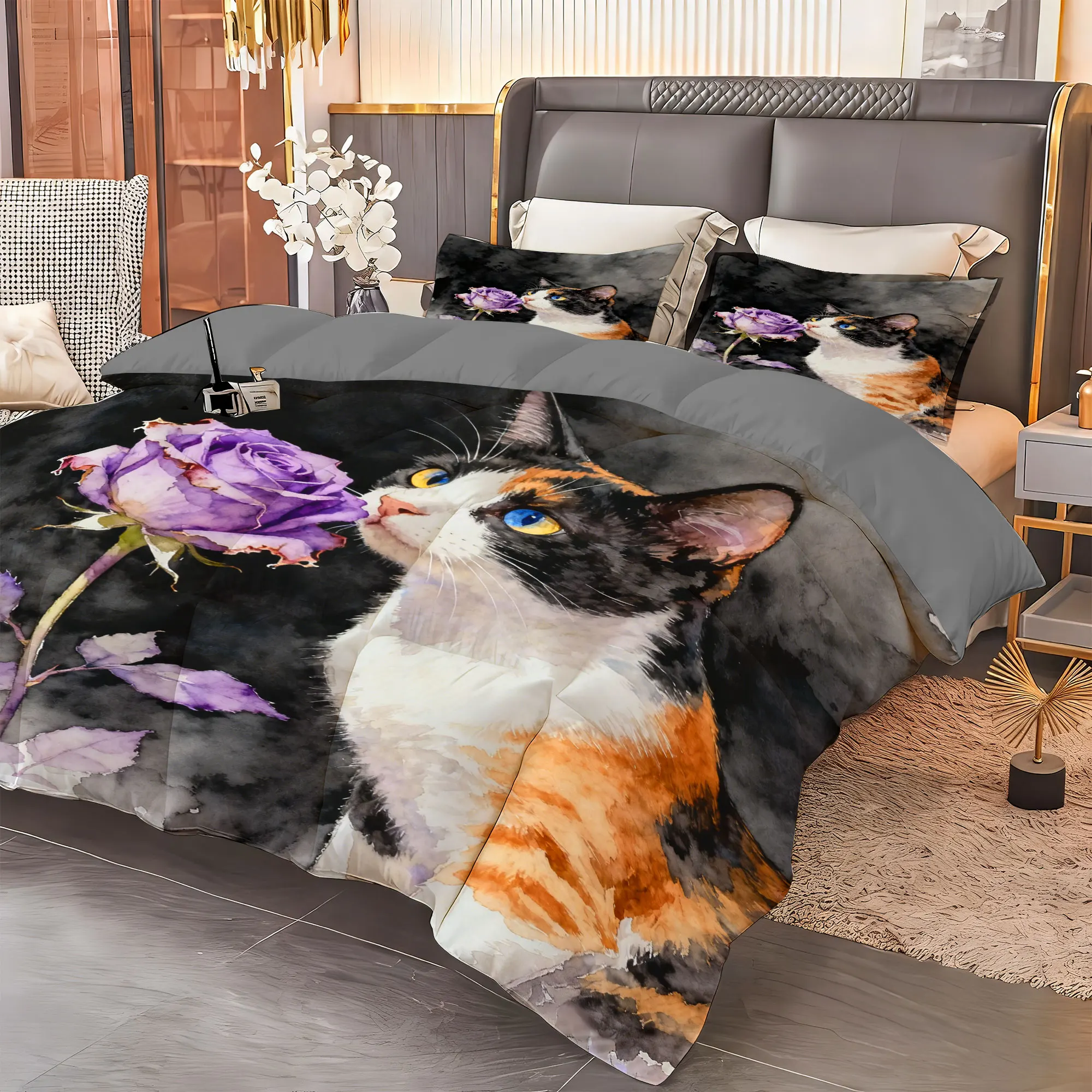 

3pcs Cat and Rose Comforter Bedding Set-1pc Comforter + 2pcs Pillowcases Soft Breathable for Home Decor（Style 14）