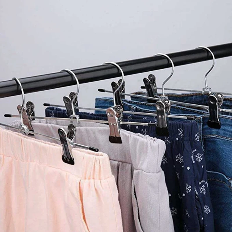 

New 10Pcs Metal Trousers Hangers, Non-Slip Clips Hanger For Slacks Jeans Socks, Skirts Hangers With 2-Adjustable Clips