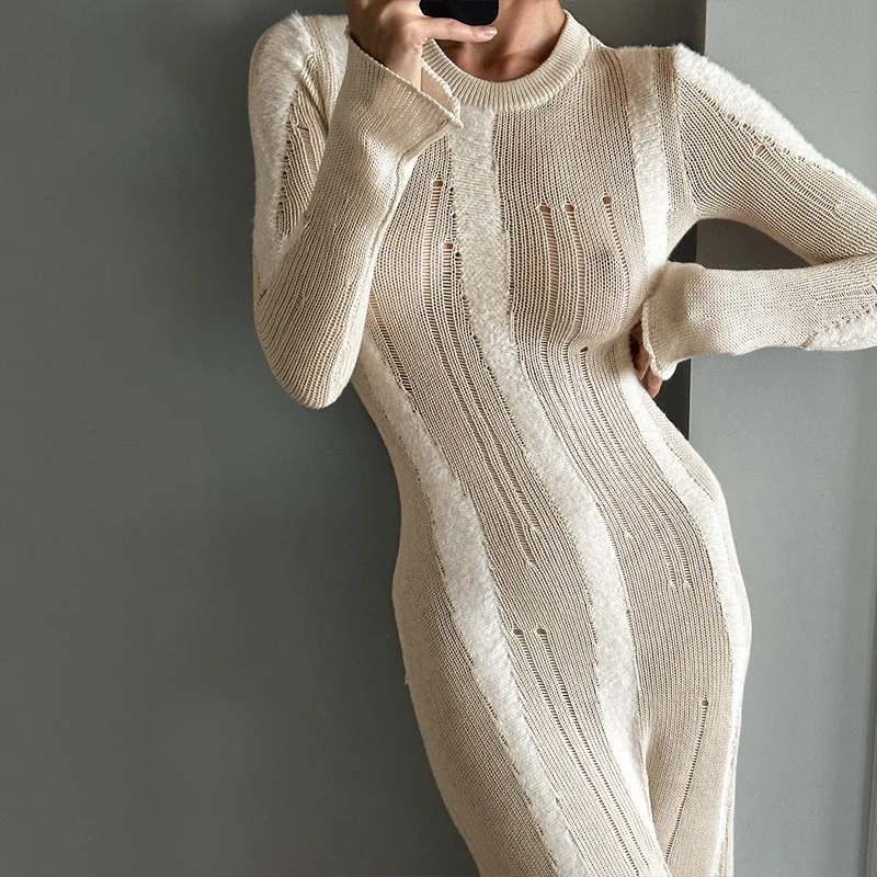 

2023 Autumn New Knitted Maxi Dress Women's Sexy Solid Perspective Micro Flare Long Sleeve Woolen Dresses Club Party Evening Robe