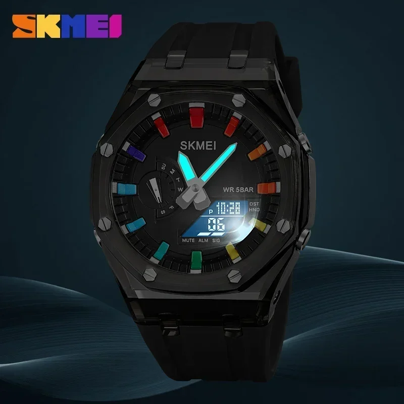 SKMEI Waterproof Men Watch Countdown Stopwatch Led Light  Wristwatch 5Alarm Clock 2 Time Digital Watches 2100