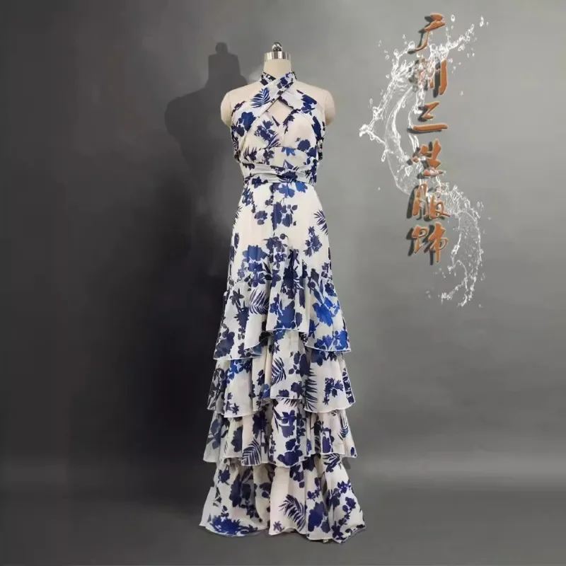 

Elegant Women Summer Dress Sleeveless Boho Maxi Dress Casual Floral Drawstring Bare Shoulder Loose Holiday Beach Dresses Party