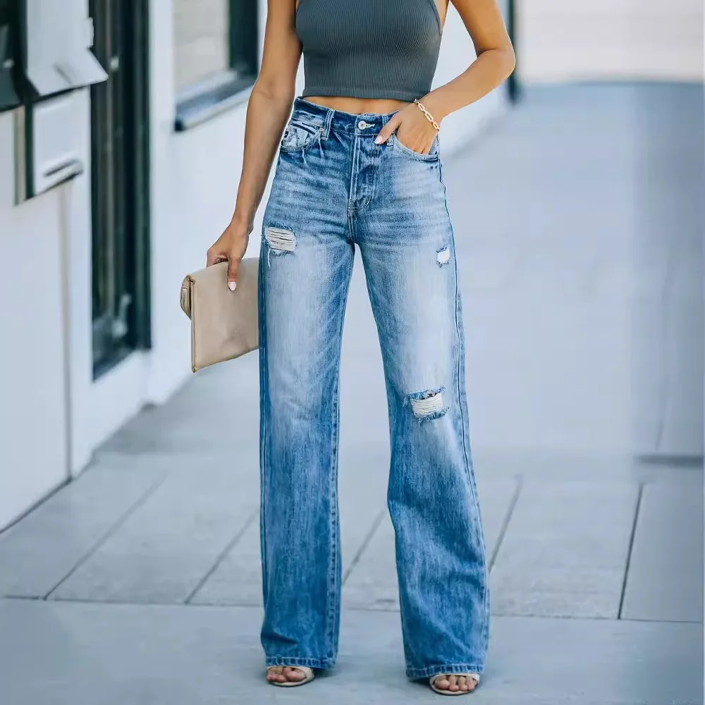 Jeans Women's Fashion Washed Denim Pants Ripped Wide Leg Pants