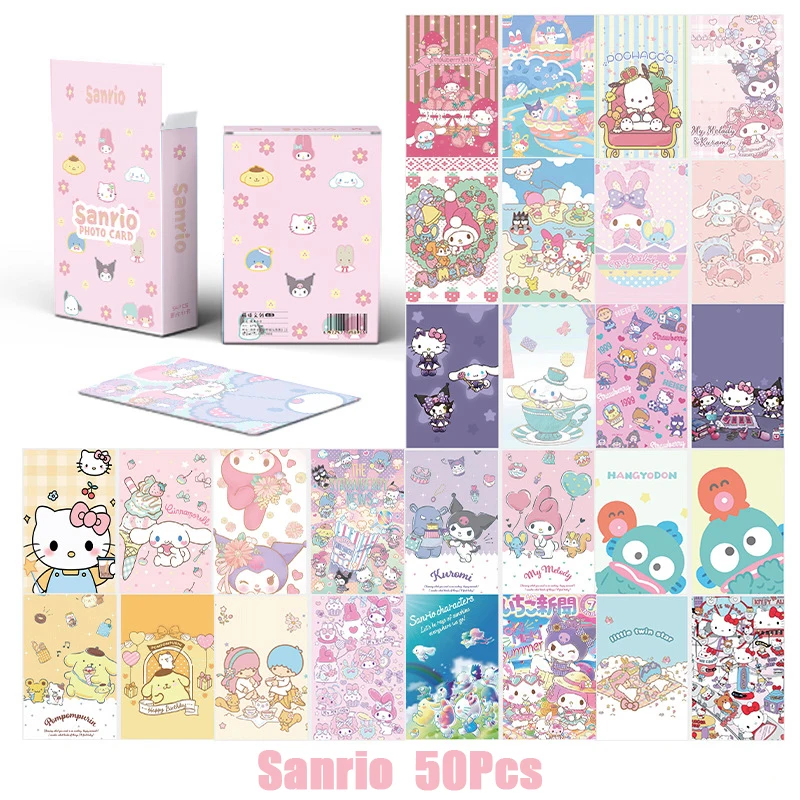 50Pcs/Box Sanrio Cards Kawaii Hello Kitty Kuromi Melody Cinnamoroll Pochacco Card Collection For Kids Girls Birthday Gifts Toys