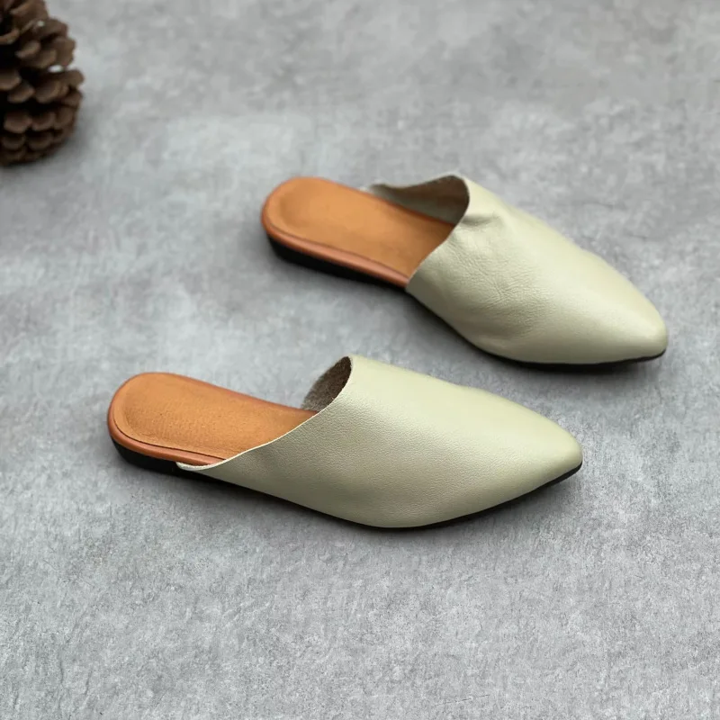 Women Slippers Point Top Handmade High Genuine Leather Flat Shoes Outdoor Indoor Flat Heels Sandals Beach Casual Slippers