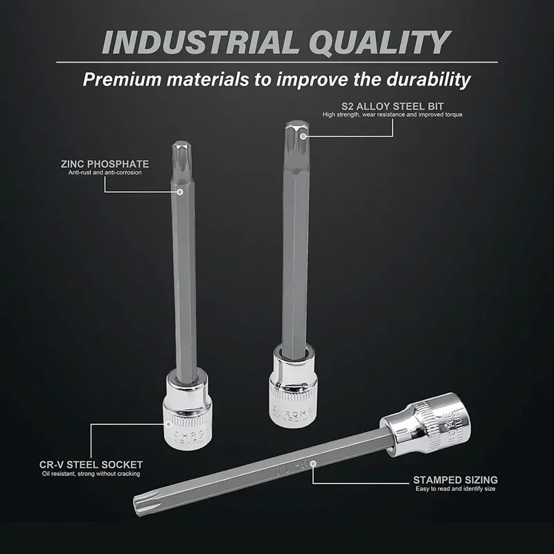 110mm Extra Long Torx Star Bit Socket Set 7 Piece T25-T60 CR-V and S2 Material 3/8