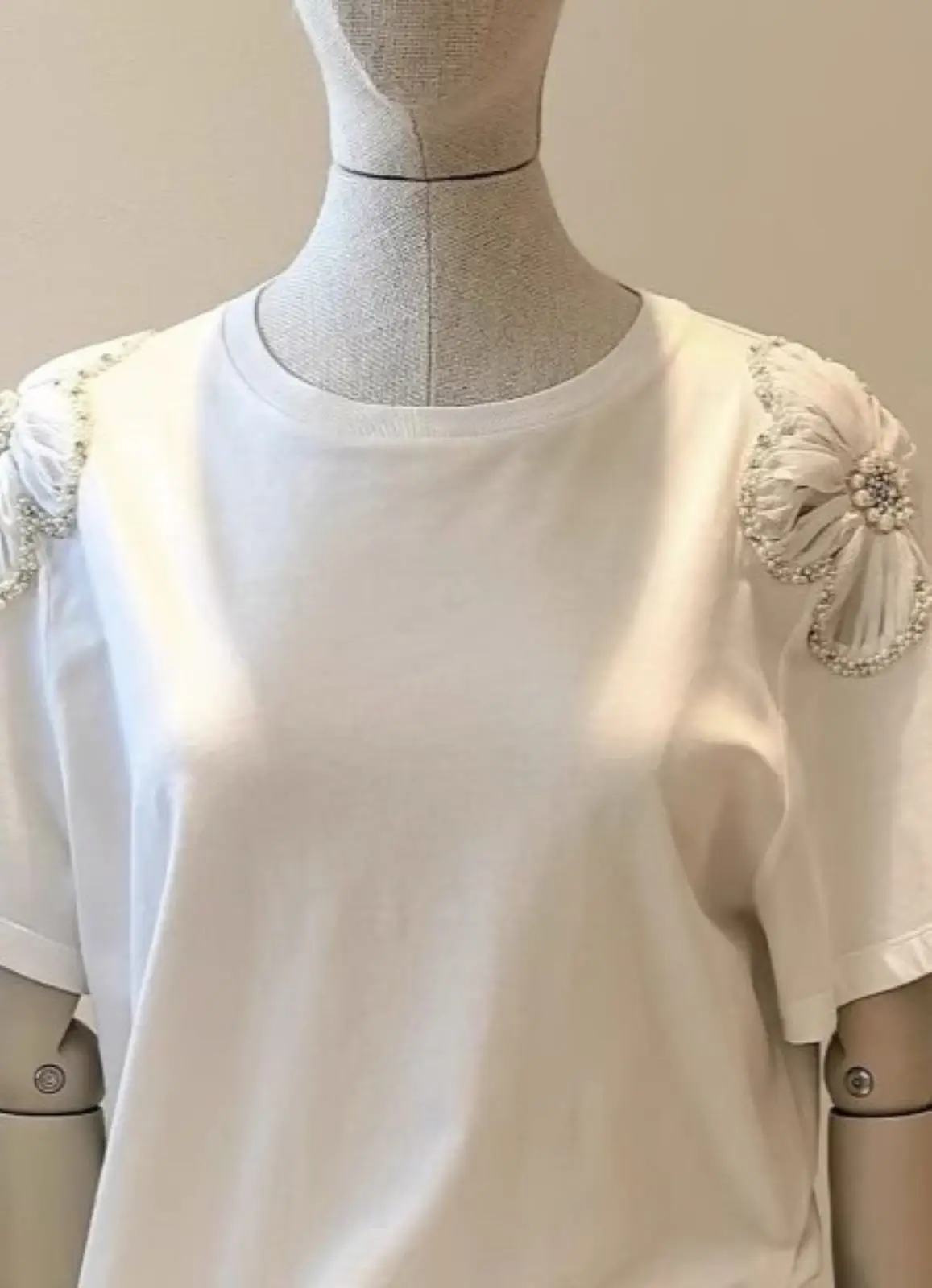 

Spring/Summer Women O-Neck Beaded Flower Short Sleeve Spliced Solid T-Shirt Cotton Blend Loose Elegant Casual Top