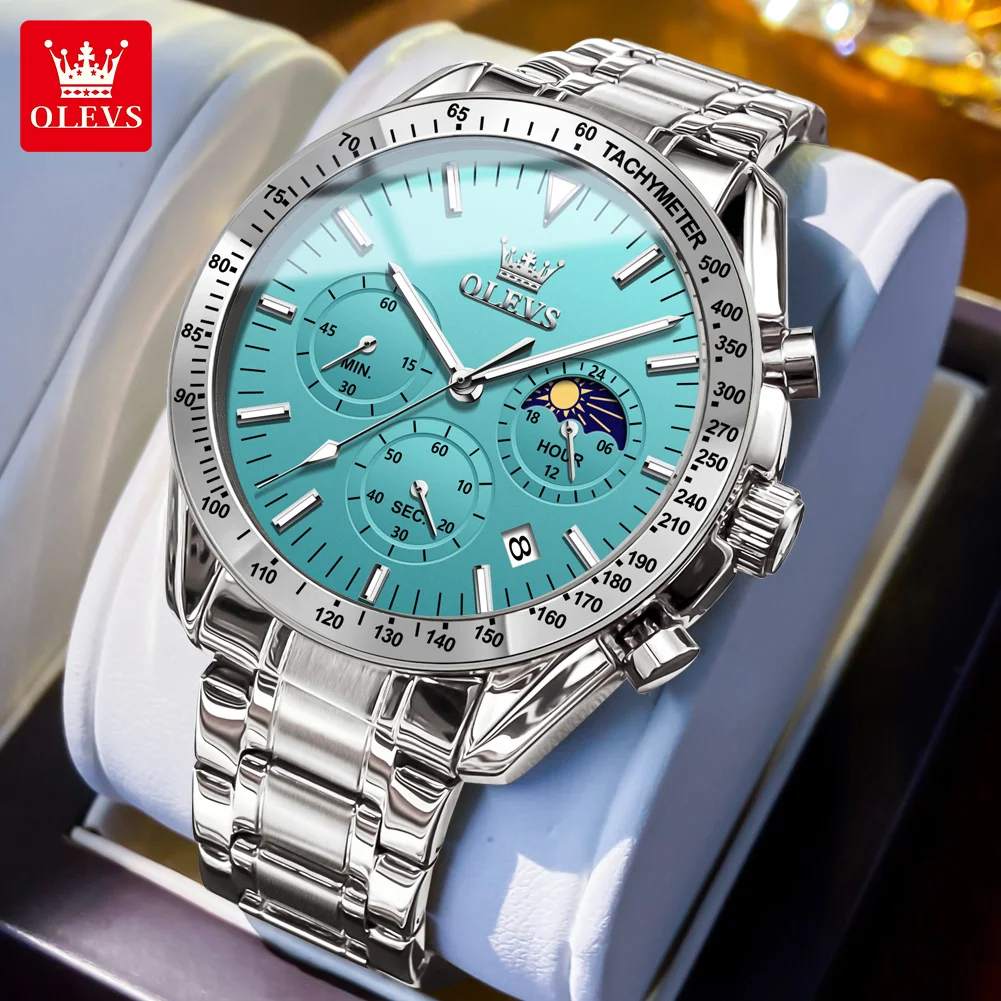 

OLEVS Brand New Fashion Light Blue Quartz Watch Men Stainless Steel Waterproof Luminous Date Moon Phase Chronograph Watches Mens