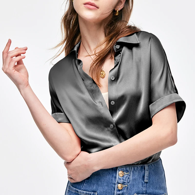 Primavera verão cetim branco blusas femininas 2025 novo único breasted manga curta casual solto coreano camisas elegantes para mulheres