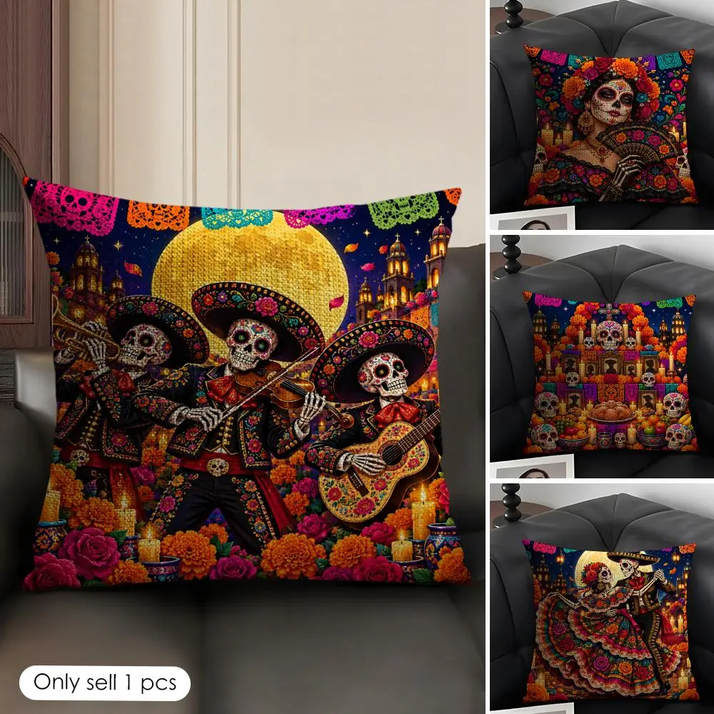 Mexico Day Of The Dead Cushion Cover Skin-Friendly Organic Linen Pillow Cover Durable Hypoallergenic Washable Soft