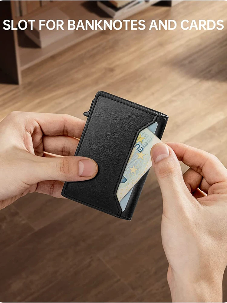 Card Holder Wallet for Men with ID Window and RFID Protection Pop Up Leather Wallet with Coin Pocket