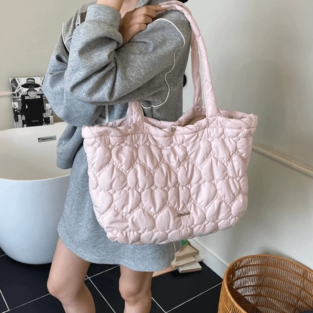 

Trendy Solid Color Puffy Tote Bag Korean Waterproof Quilted Heart Bag Leisure Large Capacity Women's Handbag Autumn Winter