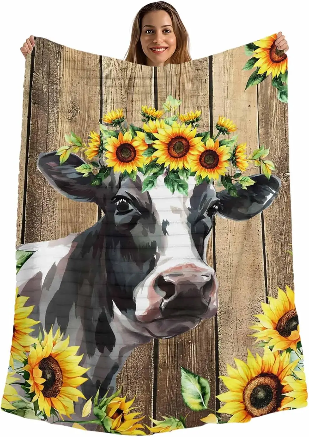 

Throw Blanket for Couch Yellow Sunflower Cow Blankets and Throws, Farm Animal Brown Wood Grain Blanket for Bed Sofa All Season