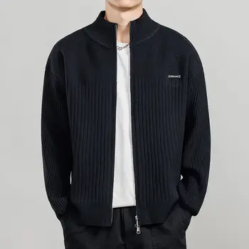 한국 스타일 남성용 스탠드칼라 지퍼 스웨터, 긴팔 야구 재킷, 가을 및 겨울 니트 아우터 