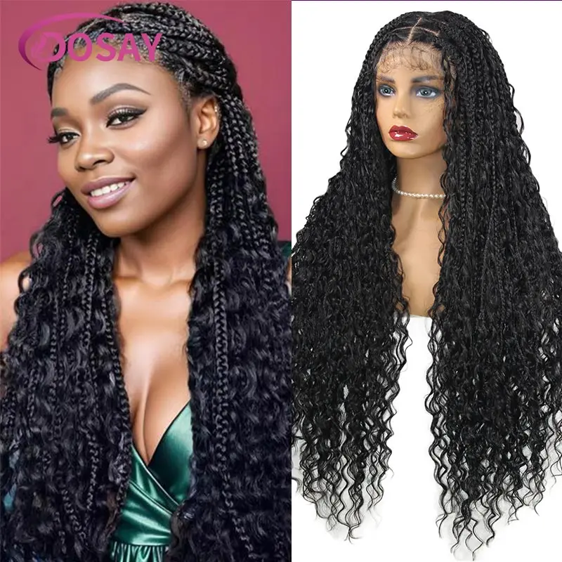 32 Inch Synthetic Long Boho Braided Wigs Full Lace Knotless Box Cornrow Braiding Wig with Curly Lace Frontal Wig For Black Women