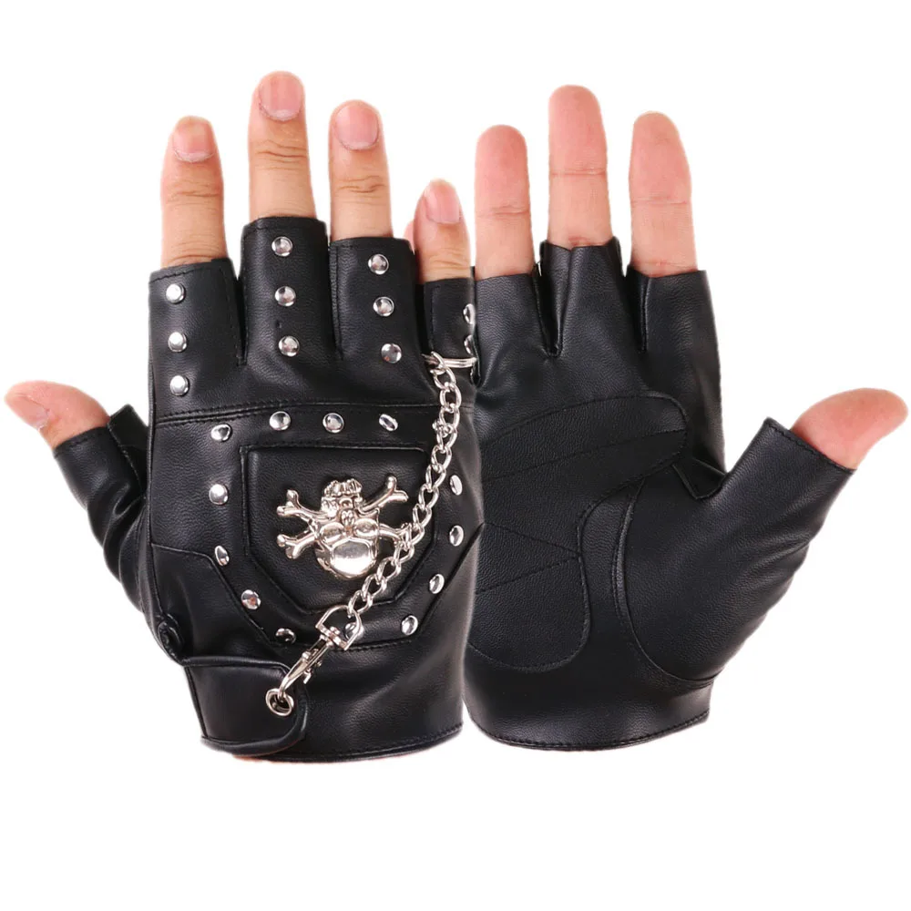 Men Steampunk Half Finger Gothic Gloves Metal Chain Rivets Biker Fingerless Mittens Black PU Leather Accessory