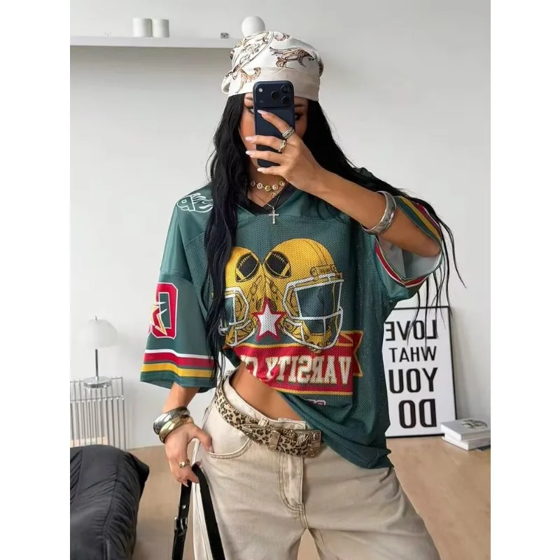 2026 Retro Y2K Streetwear Men /Women V-neck Loose American Trendy Men T-shirts Mesh Short-sleeved Quick-drying Football Jerseys