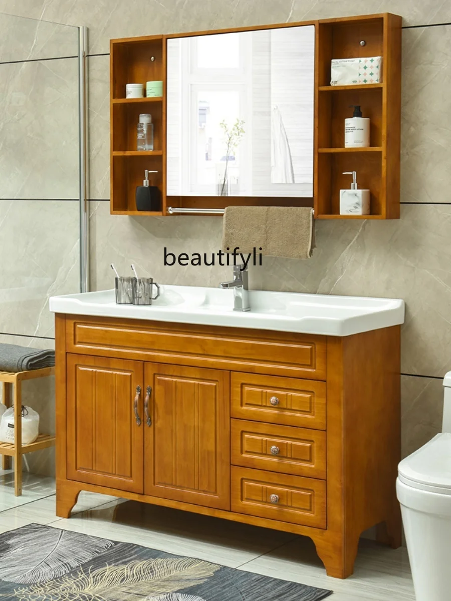 Modern Chinese Oak Bathroom Cabinet Combination Floor-Standing Wash Basin Inter-Platform Basin Solid Wood Washstand