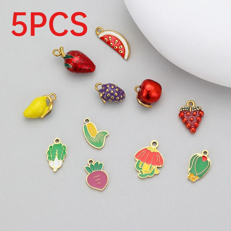 5Pcs Colorful Dopamine Fruit Vegetable Charms Stainless Steel Pendants DIY Necklace Making Summer Cute Jewelry Accessories