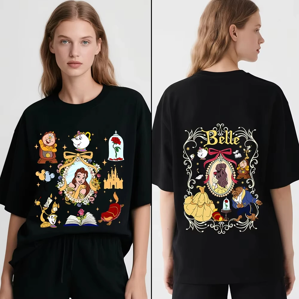 تي شيرت ديزني بيوتي آند ذا بيست بيل مطبوع للنساء كاجوال مريح للارتداء اليومي تي شيرت ناعم ملابس أطفال بنات #2