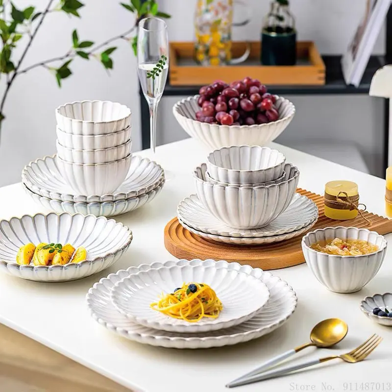 Ceramic Bowls With Chrysanthemum Shape tableware, White Round, Square, Western Dining Plate, Salad bowl, Kitchen Supplies, 1pc