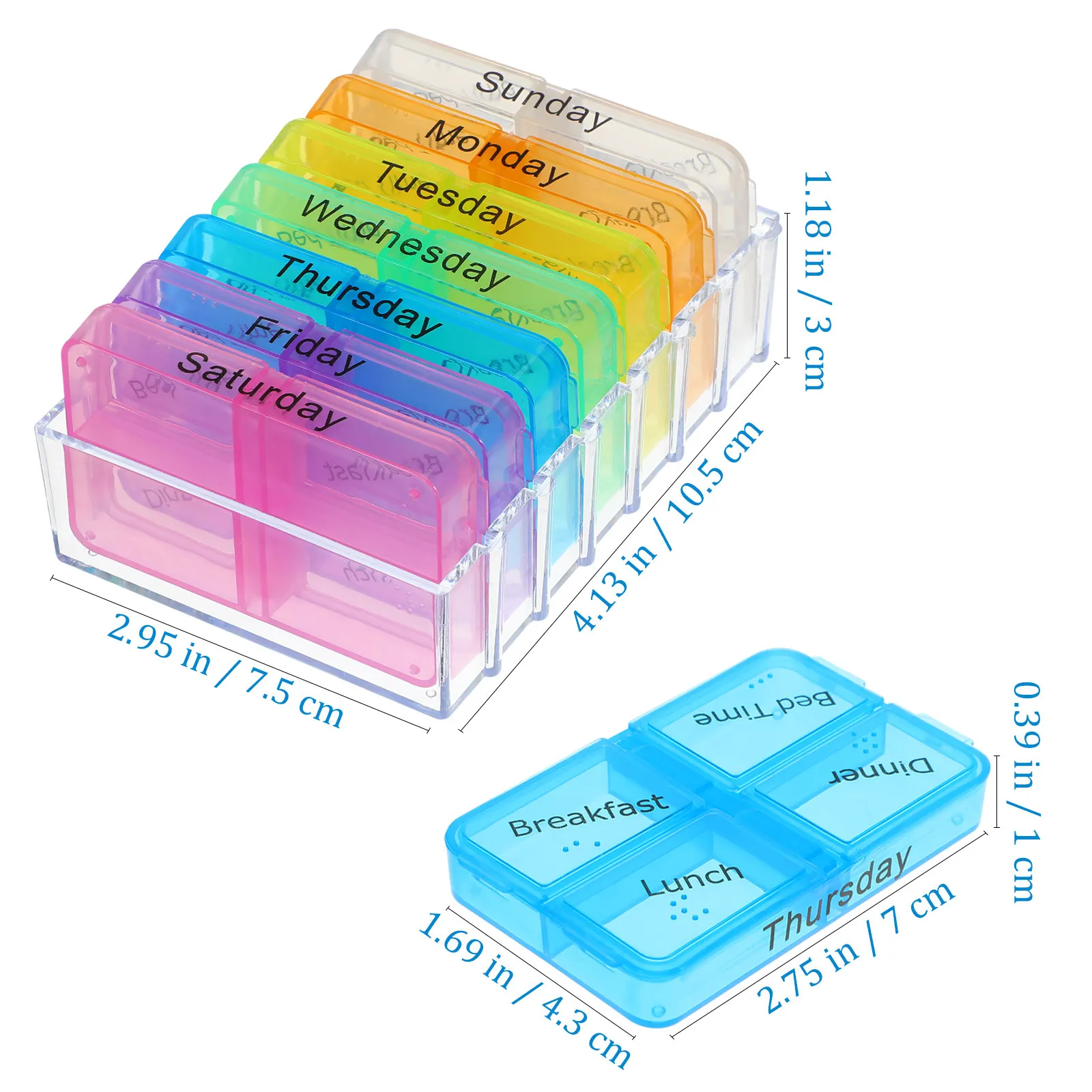 7 Day Portable Tablet Pill Medicine Storage Case Organizer Colorful Daily Weekly 28 Compartments Breakfast Lunch Dinner Bedtime