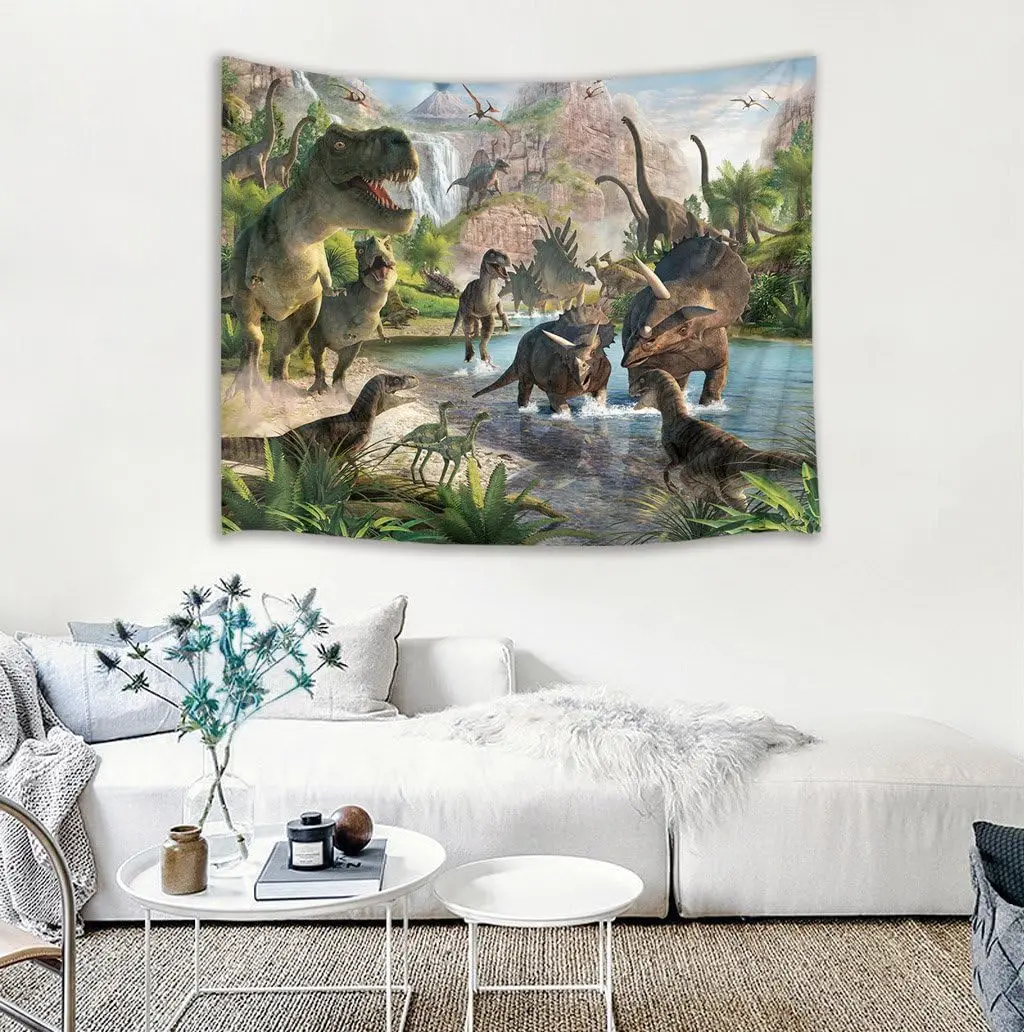 Dinosaur Tapestry - Jurassic World Scene, Prehistoric Animal Wall Art, Kids Room & Nursery Decor, Multiple Sizes