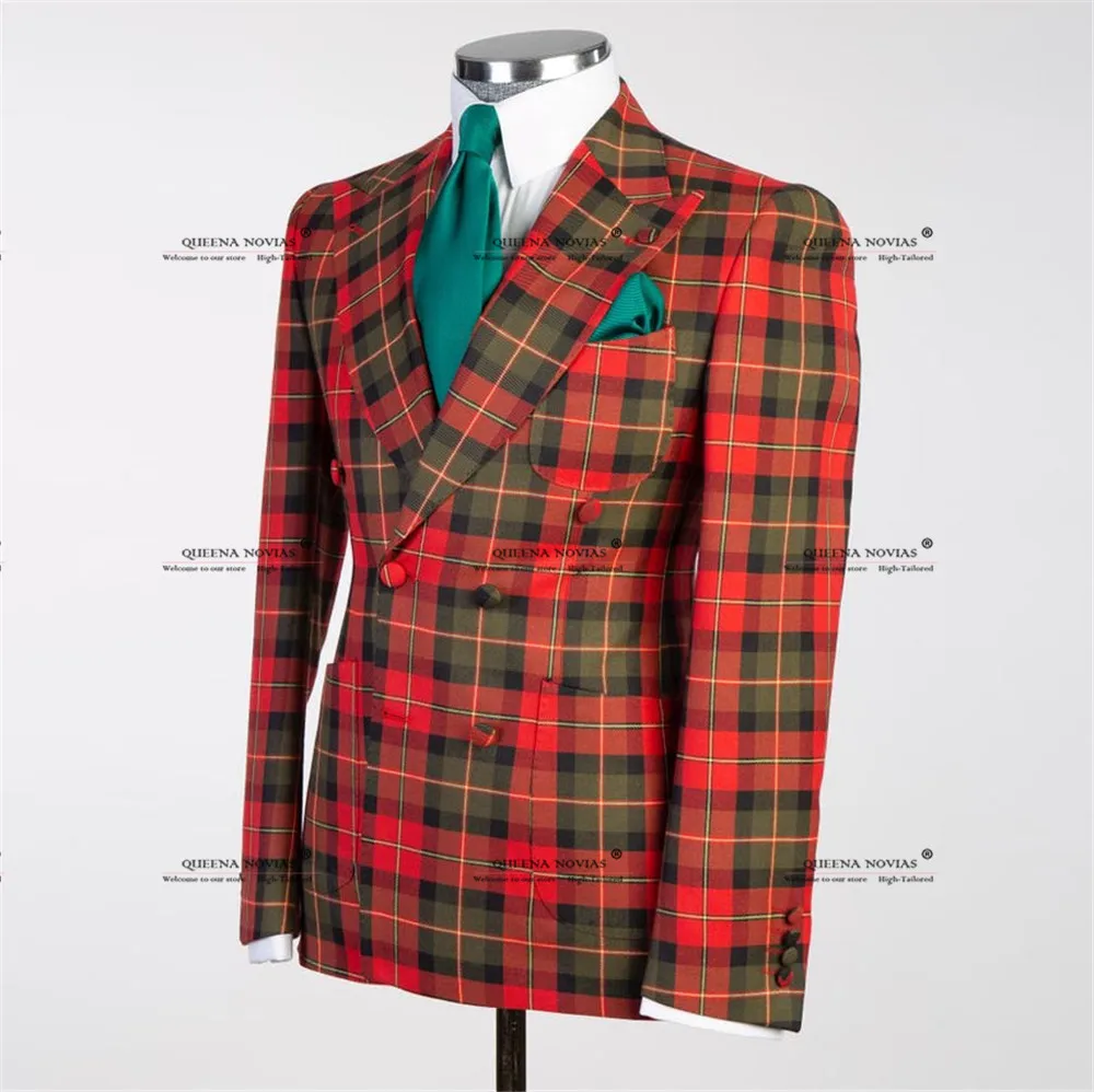 Male Fashion Plaid Groom Tuxedos Customized Double Breasted Jacket Pants 2 Pieces Suits Men Slim Fit traje de hombre elegante