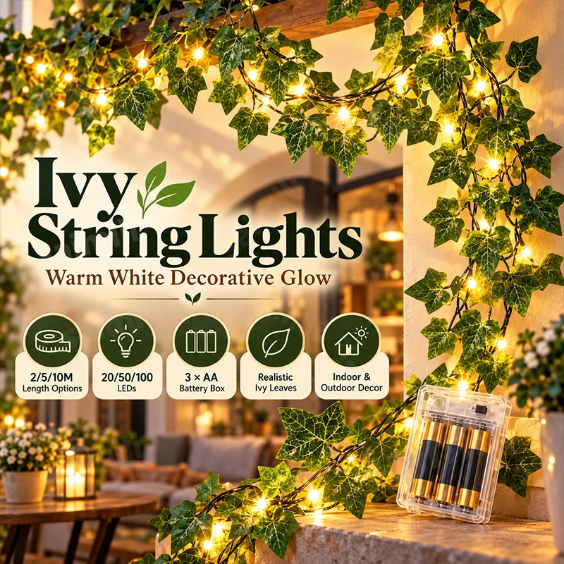 Battery Ivy Leaf String Lights Warm LED Vine Garland Lights for Staircase Fireplace Mantel Christmas Holiday Home Decoration