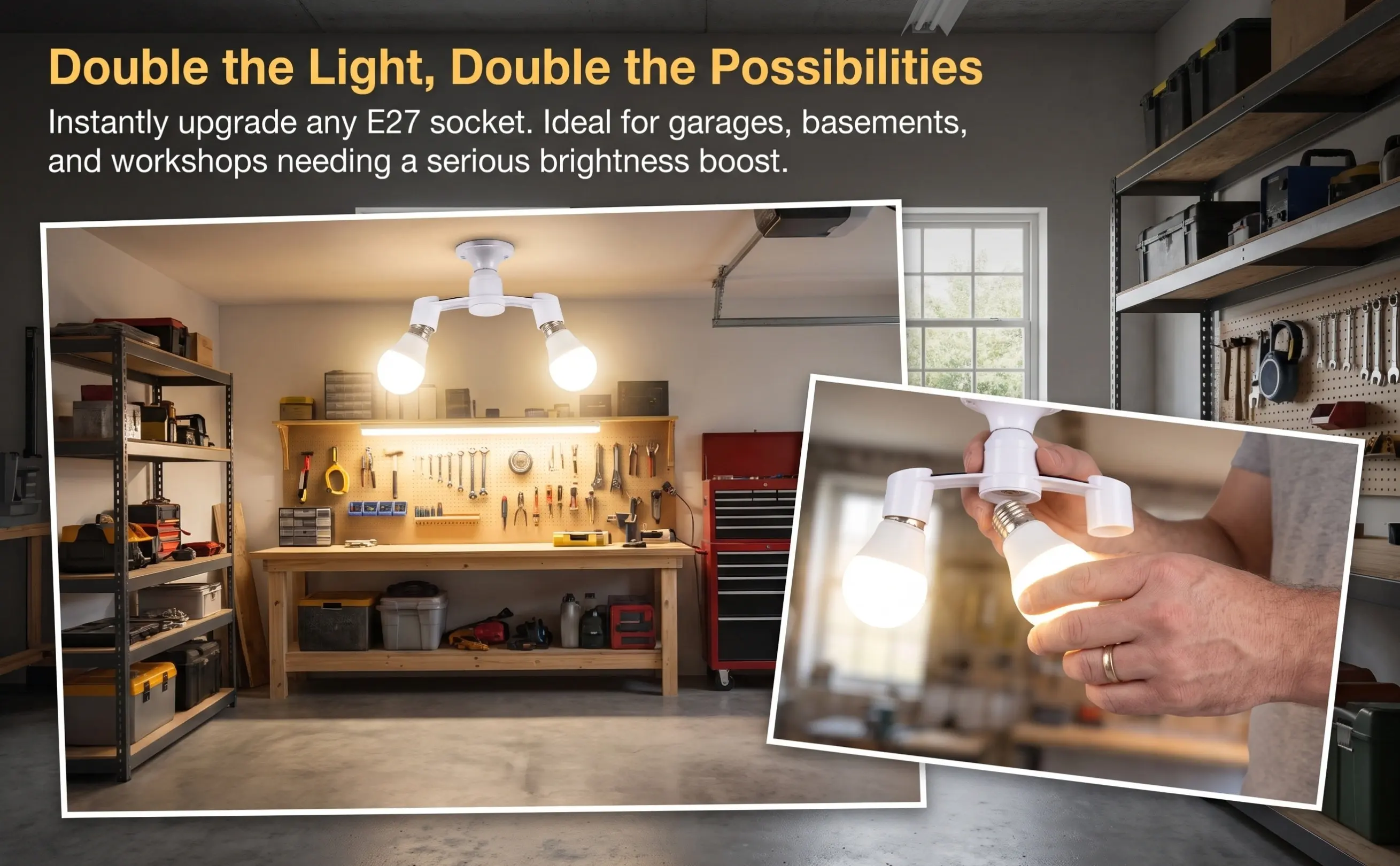 2Pcs E27 Lamp Holder Socket Converter Dual Bulb Splitter Adapter for LED Light Socket Outlet Home Garage Basement