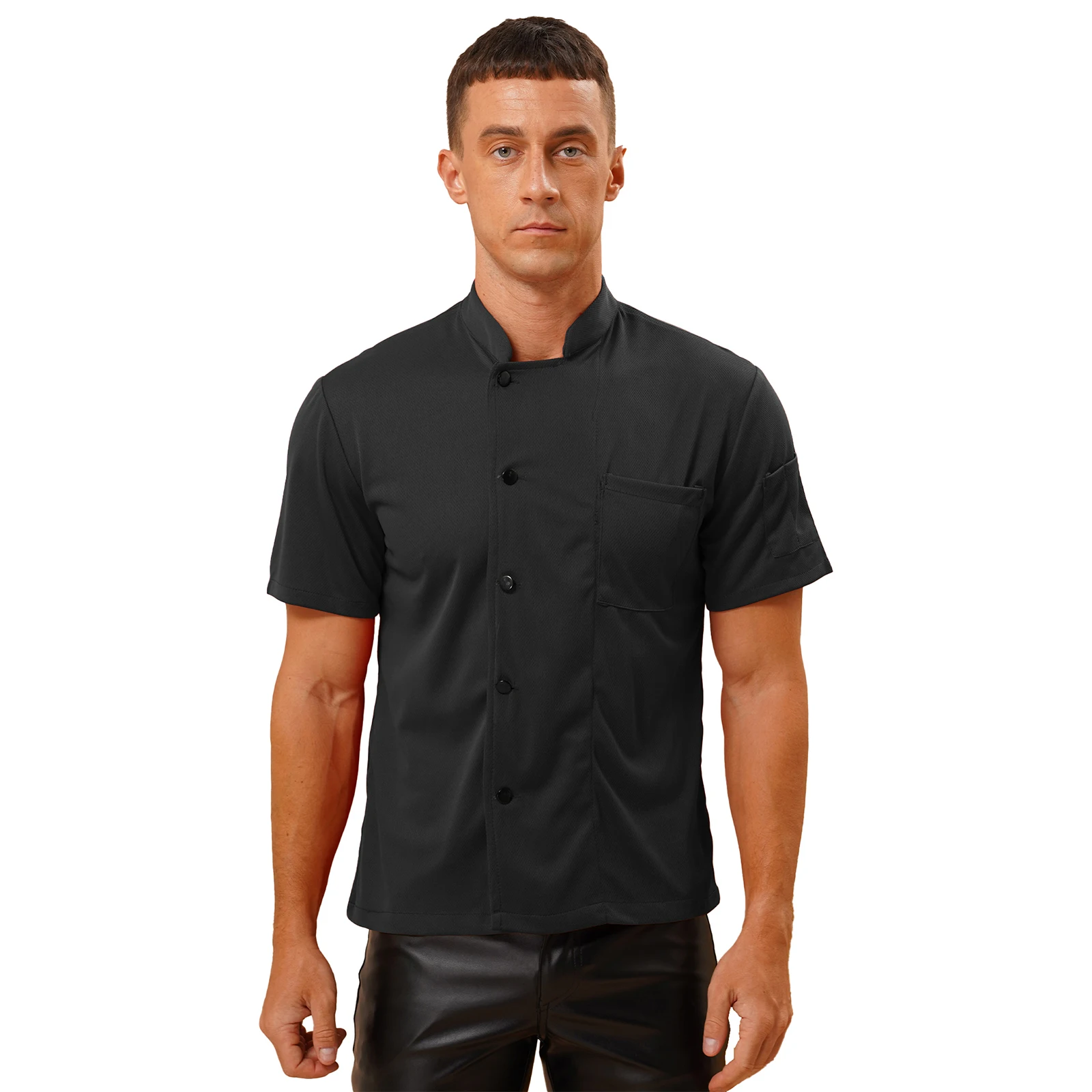 Mens Chef Uniform Kitchen Work Cook Shirt Short Sleeve Button T-shirt Jacket Chefs Waiter Hotel Restaurant Canteen Cafe Costume