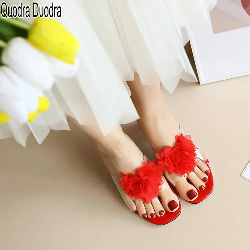 

PVC New Mules Shoes Women Summer Open Open Toe Thick Heels Chunky Outside Slippers Causal Chunky Plus Size 33-48 Flower High Red