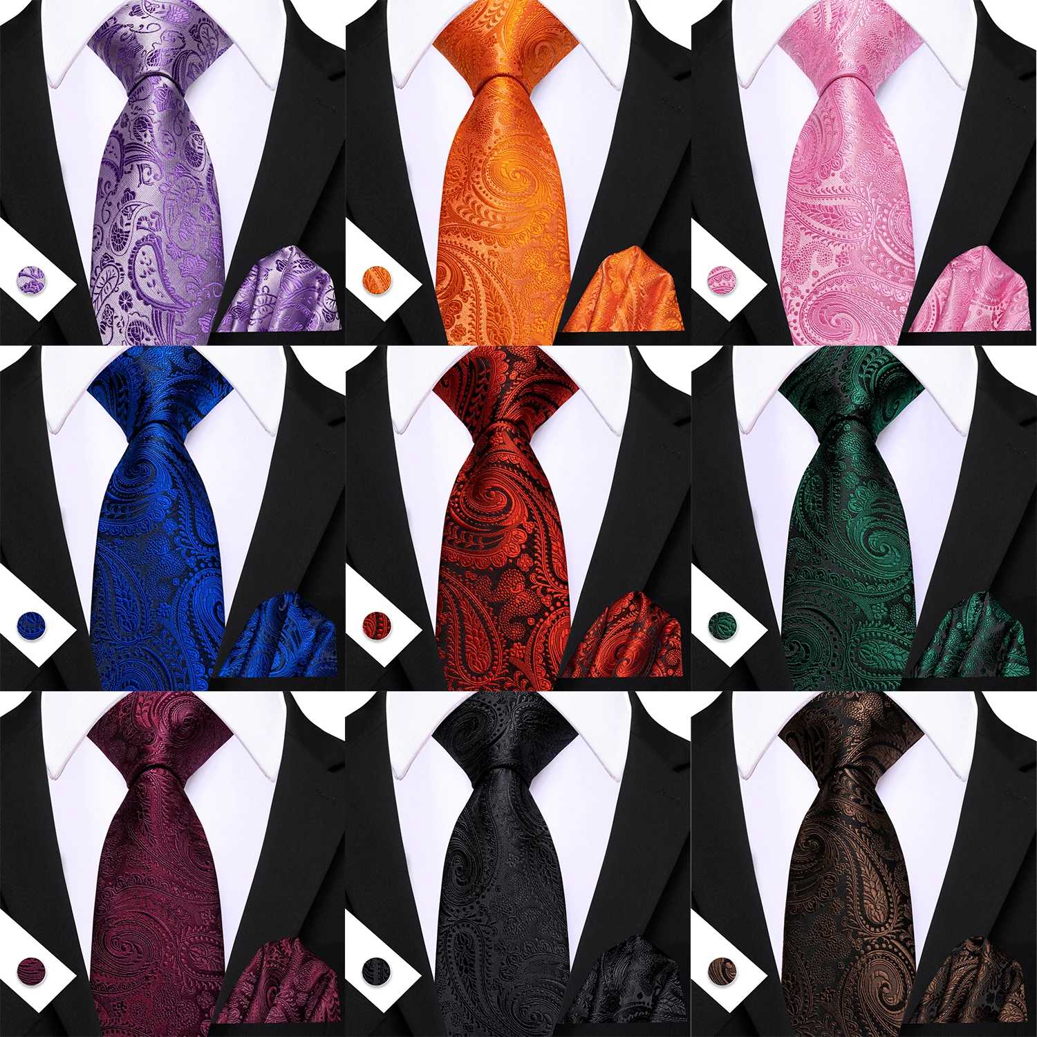 Herren-Krawatten, Burgunderrot, Rosa, Blau, Paisley-Blumenmuster, Einstecktuch, Manschettenknöpfe, Set, Einstecktuch, quadratisches Set, Hochzeitsfeier