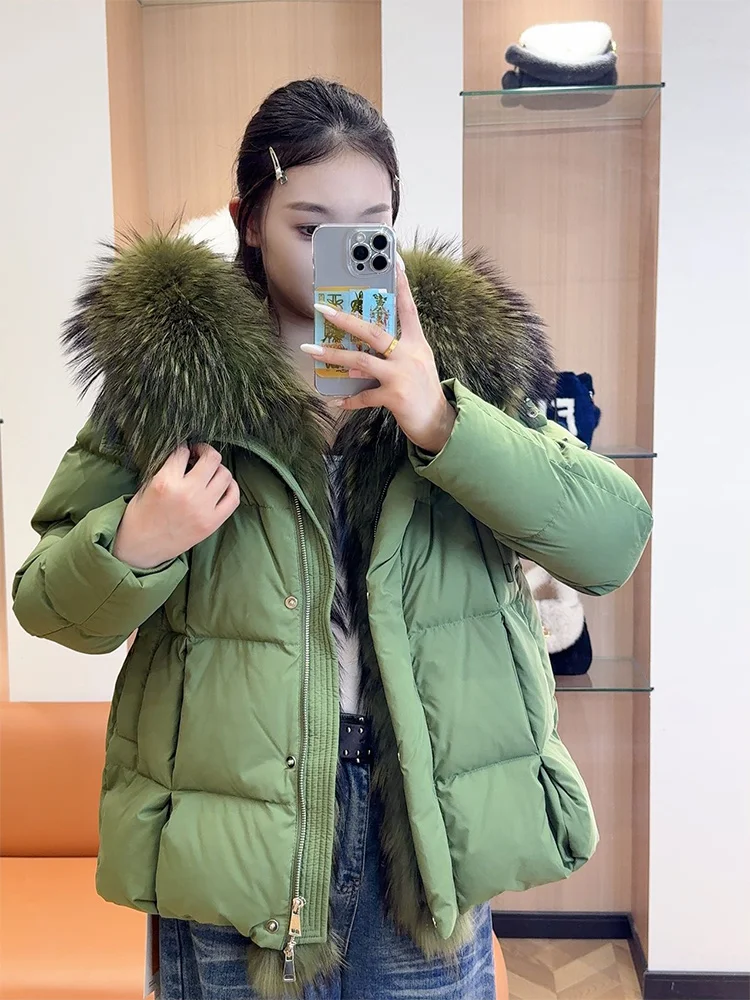 

Winter Warm Goose Down Jackets Natural Raccoon Fur Collar Puffer Jackets Real Fox Fur Thick Female Outdoors Women Coats