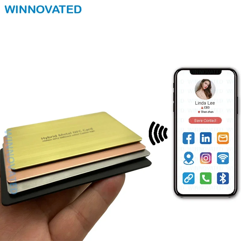 Tarjeta de visita NFC totalmente metálica híbrida RFID mate en blanco oculta