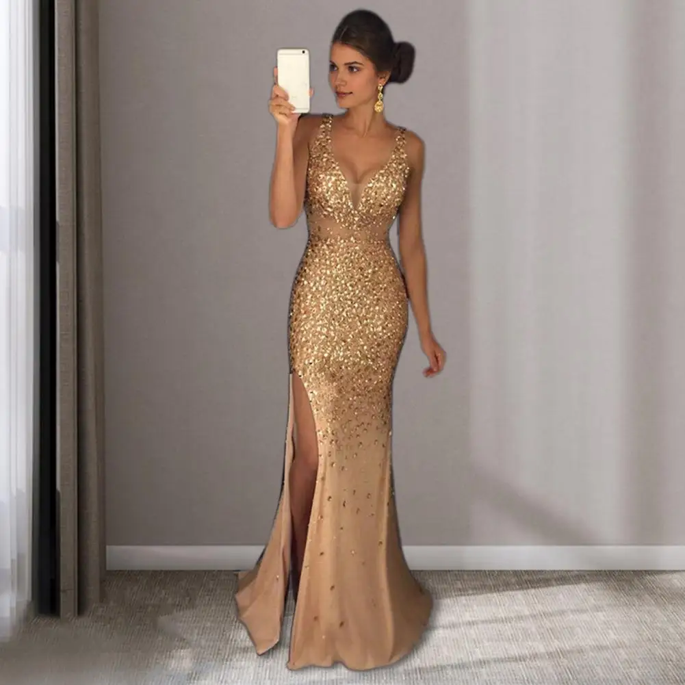 

V-neck Dress Elegant V-neck Sequin Evening Dress Mesmerizing Mesh Patchwork Mermaid Silhouette for Prom Party Banquet High Slit