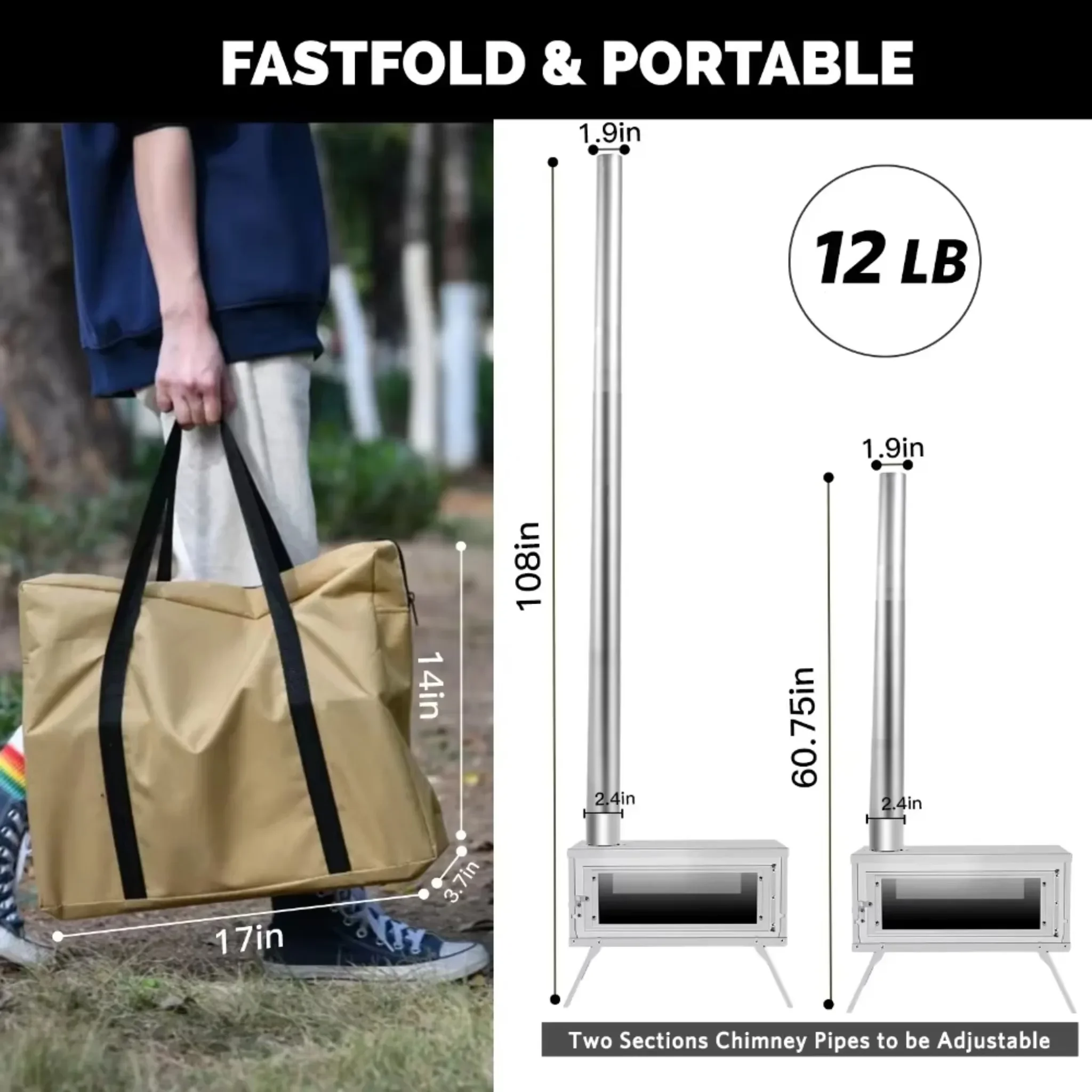 Estufa de leña para tienda de campaña, fabricada en acero inoxidable, plegable y portátil, con chimenea ajustable para cocinar al aire libre en tiendas de campaña.