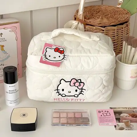 Kitty Bolsa de maquiagem de grande capacidade, à prova d'água, organizador de higiene pessoal para viagem, estojo cosmético fofo de desenho animado com zíper duplo para meninas