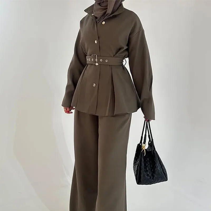 New Solid Pant Sets Two Piece Set For Women Lapel Long Sleeve Spliced Belt Coat High Waist Pant Temperament Sets Female Clothes