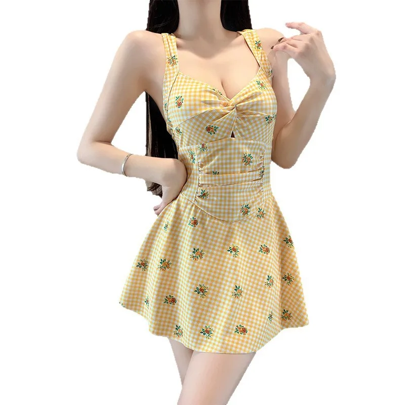 Sexy moda coreana flor impressão volta gravata maiôs uma peça enrugada nó mini vestido culottes biquíni acolchoado roupa de banho tankini