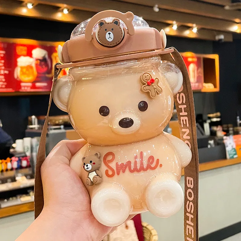 Kawaii 1400ml Bear Kettle Straw Large Capacity Plastic Straw Water Cup Summer Drinking Cup  Children Student Water Bottle Gifts