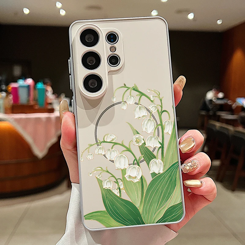Magnetic White Flowers Pattern Case For Samsung Galaxy S26 S25 Ultra Edge S24 S23 FE A57 A17 A56 A37 A16 A36 A55 A54 Phone Cover