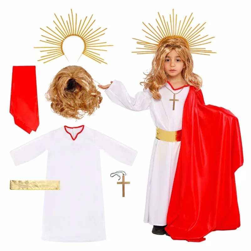 

Boys Girls Medieval Jesus God Cosplay Costume Bible Robe Props Wig Suit Halloween Easter Carnival Party Stage Performance Outfit