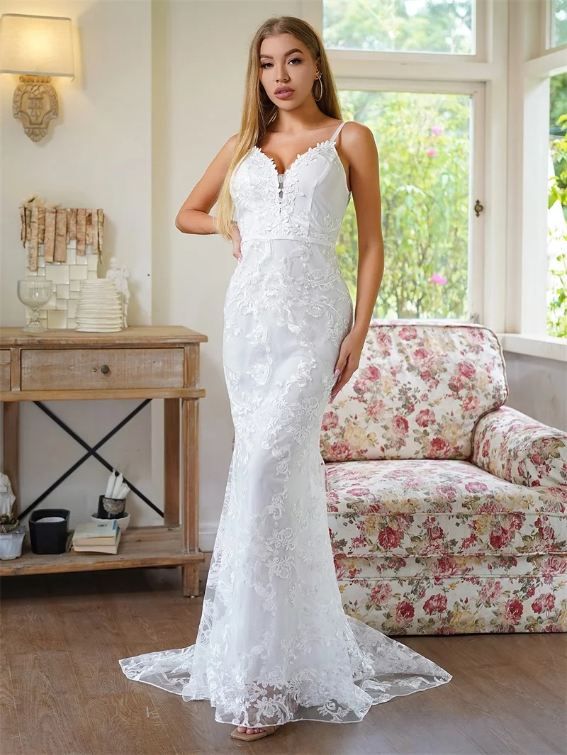 

Luxury Mermaid Women Wedding Dress Sexy Strap Sleeveless Back Hollow Appliqued Lace Bridal Gown Formal Birthday Red Carpet Robe