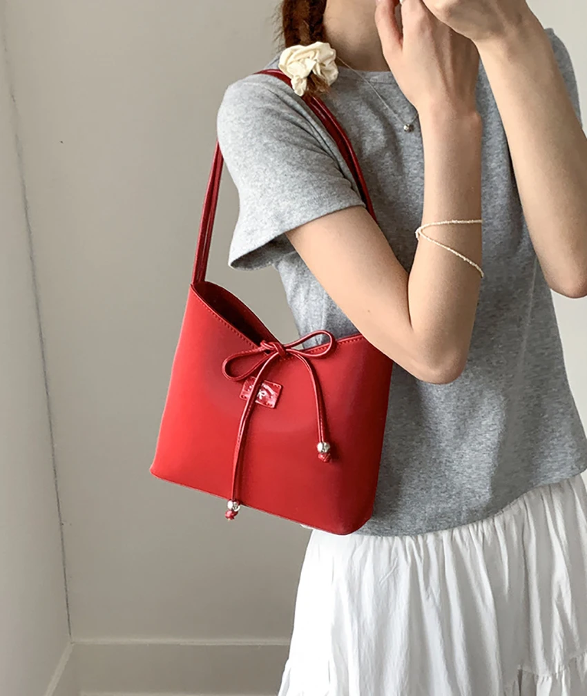 

Bow Lace-up Bucket Bag Women Solid Color PU Square Shoulder Bags Korean Casual Fashion Retro Female Texture Handbag