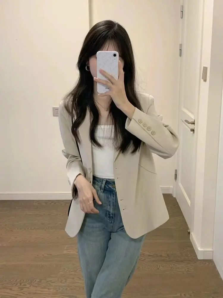 Light Khaki Short Blazer Women Spring Autumn Chic Cropped Suit Jacket Petite Elegant Casual Office Wear