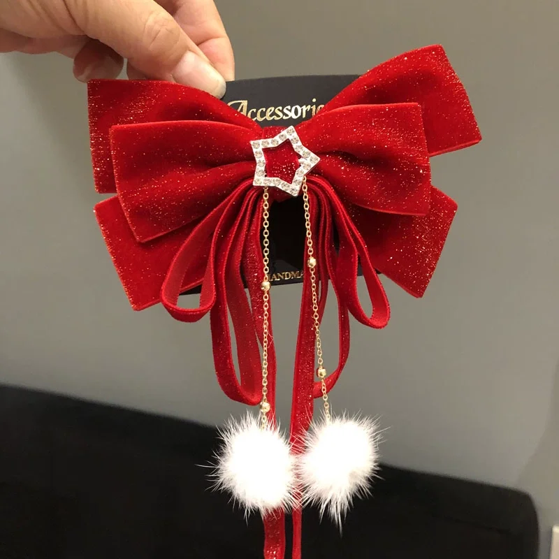 الفتيات الاطفال لطيف الأحمر المخملية المهرجانات دبابيس الشعر اكسسوارات الشعر السنة الجديدة الأطفال القوس الشريط مقاطع الشعر المشابك أغطية الرأس الجديدة