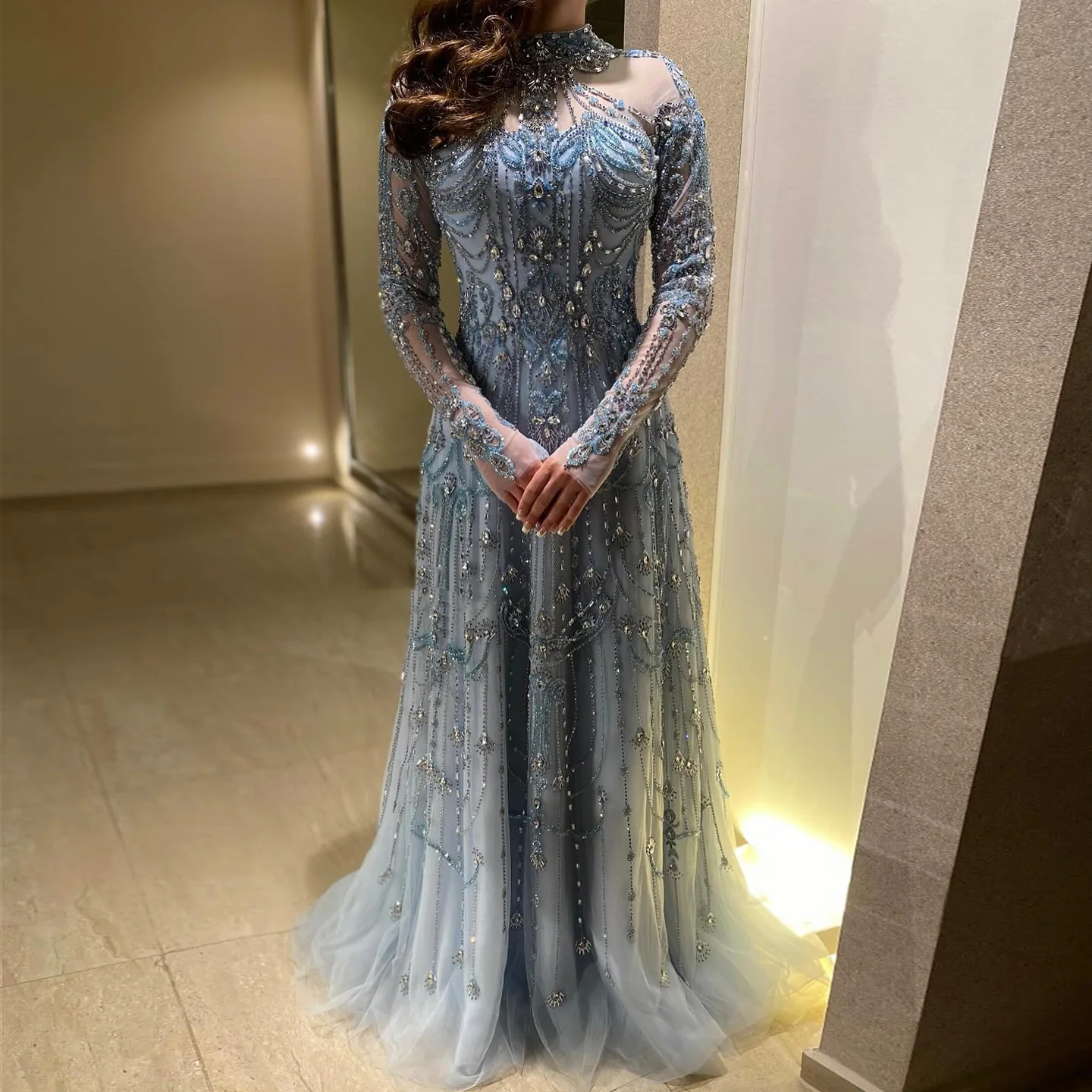 

Customized Evening Dresses Blue Long Sleeves High Neck Luxury Dress Formal Exquisite High Quality Wedding Party Gowns for Women