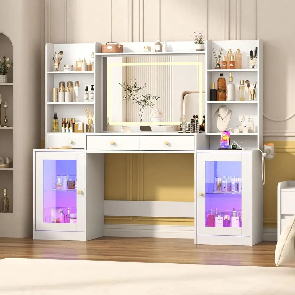 

60 White LED Vanity Desk with Glass Top, 60,000-Color Lights, Power Outlet, 3-Light LED Mirror, Dual Drawers, RGB Cabinet LEDs